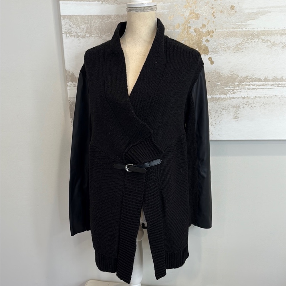 Ellen Tracy Black Knit Cardigan w/ Leather Sleeves and small “belt” closure M/L